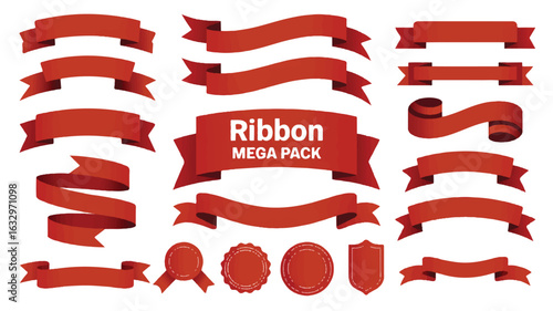 Red ribbon and badge mega pack on white background