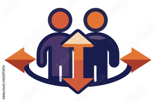 An illustration representing interaction and exchange between two figures, with arrows indicating movement towards and away from each other, suggesting communication or transaction.