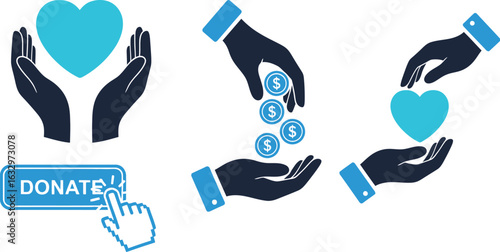 Illustration depicting hands offering a heart, donating money, and a hand clicking a "Donate" button, symbolizing charity and giving.