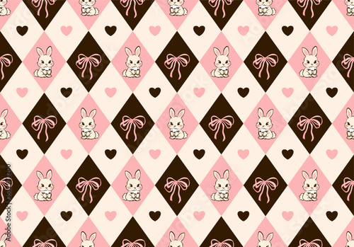 Cute Bunny and Bow Seamless Pattern. Pink, Beige, and Brown Harlequin Kawaii Design
