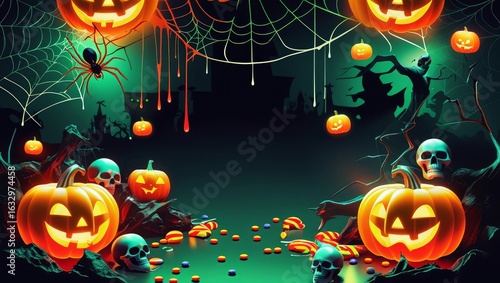 Spooky Halloween night with pumpkins, skulls, spiders