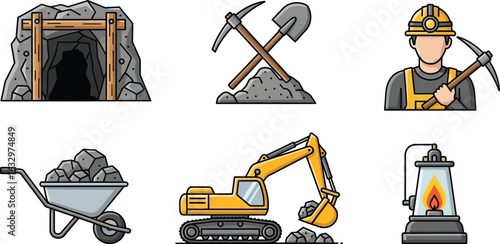Mining icons set featuring a mine entrance, tools, worker, wheelbarrow, excavator, and lantern.
