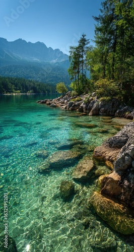 Tranquil lake shore vista