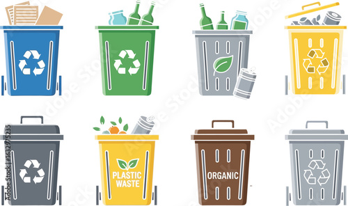 Illustration of eight different colored recycling bins full of various types of waste, each labeled for specific materials.