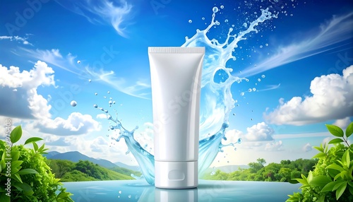 Blank cosmetic tube with water splash effect, pristine landscape backdrop for product design