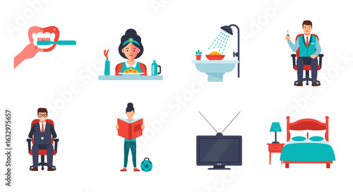 Illustration depicting daily routines including brushing teeth, showering, reading, and relaxing at home