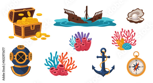 Illustration of a treasure chest, shipwreck, oyster, diving helmet, coral, anchor, and compass
