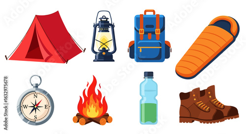 Illustration of camping gear including a tent, lantern, backpack, sleeping bag, compass, and more