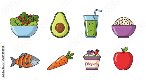 Illustration showcasing a variety of healthy foods including fruits vegetables and protein sources