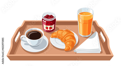 Breakfast tray with coffee, croissant, orange juice, strawberry jam, and napkins on a wooden tray