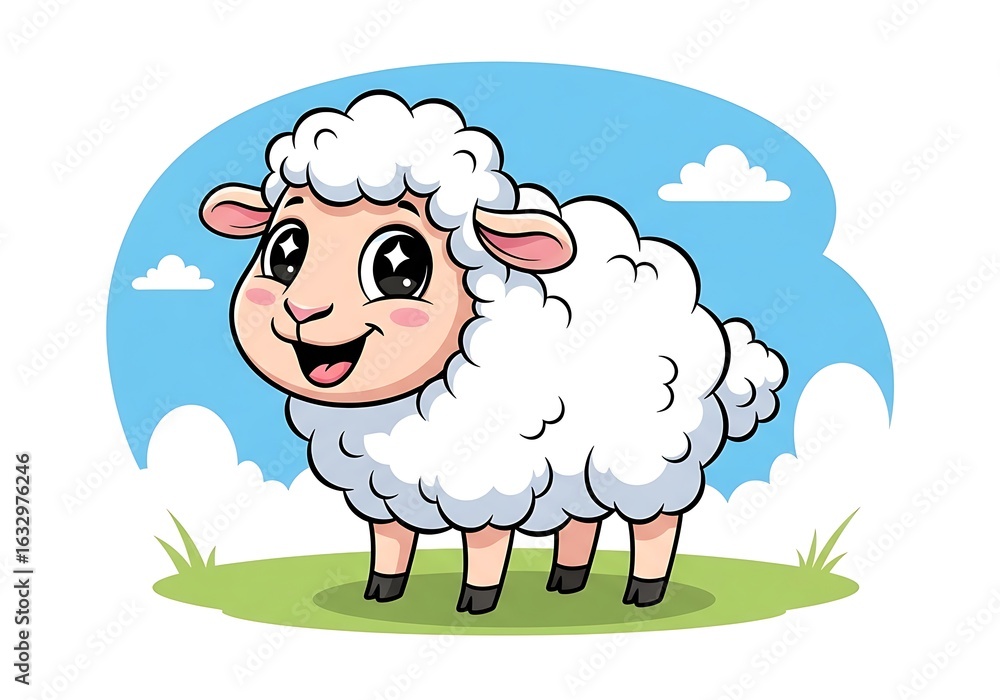 Obraz premium Cute cartoon sheep standing on a grassy field, cheerful expression, bright colors.