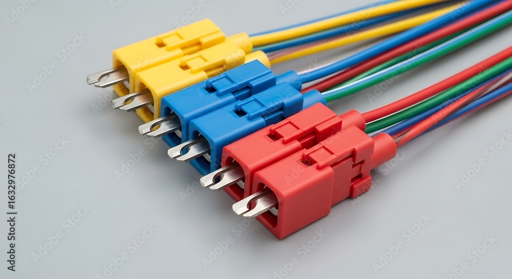Obraz premium Colorful electrical connectors and wires showcasing technological connectivity and communication