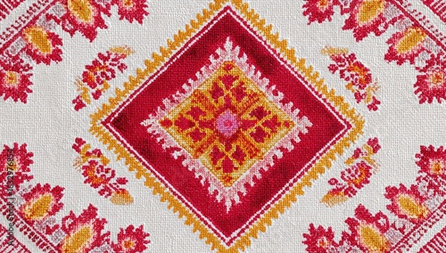 Red floral textile detail, diamond pattern, close-up, craft background, design