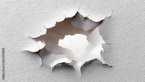 A circular hole pierced through a textured white surface