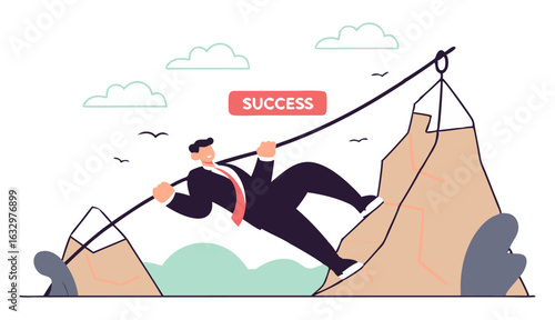 A determined businessman in a suit climbs a rope between two mountain peaks, with a sign on the peak that says "SUCCESS." It symbolizes the journey and hard work required to achieve a goal.