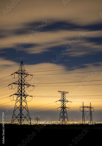 Electric power grid at night, silhouettes against the twilight sky energy transmission