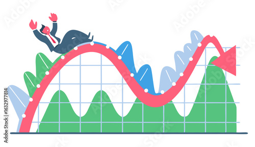 A panicked businessman in a suit slides down a sharply decreasing red line on a financial chart, representing a market crash, loss, or business failure.