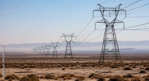 Powering the Future: A Serene Desert Landscape Under High Voltage Transmission