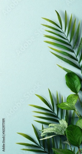Light teal background with tropical foliage