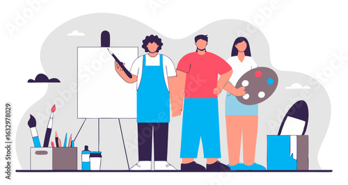 Three artists stand together, ready to paint. One is holding a paintbrush and standing next to an easel, another holds a palette, and the third is nearby. It represents teamwork and creativity.