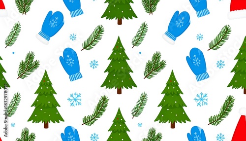 Christmas pattern with trees, mittens, and fir branches