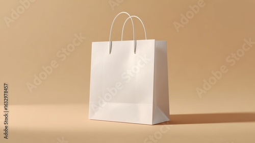 A plain white paper shopping bag with handles stands alone on a neutral-toned , ready for product placement.