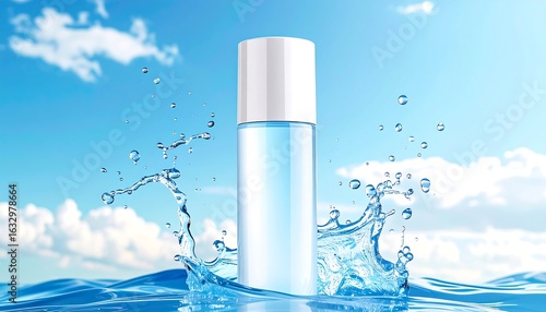 Refreshing water splash surrounds elegant bottle against bright blue sky with clouds