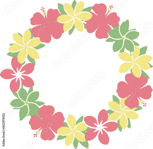 A beautiful tropical floral wreath with colorful pink hibiscus and yellow frangipani flowers. Isolated vector graphic for summer designs.