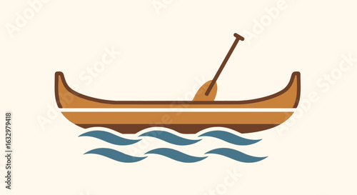 A minimalist illustration of a wooden canoe with a paddle on gentle waves, a graphic icon for outdoor adventure and travel.