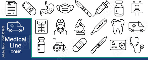 Set, and bundle, of Healthcare and Medical Related Line Icons. Outline Symbol Collection. he set contains icons: Healthcare And Medicine, Doctor, Telemedicine, Medical Exam,  Vector illustration.