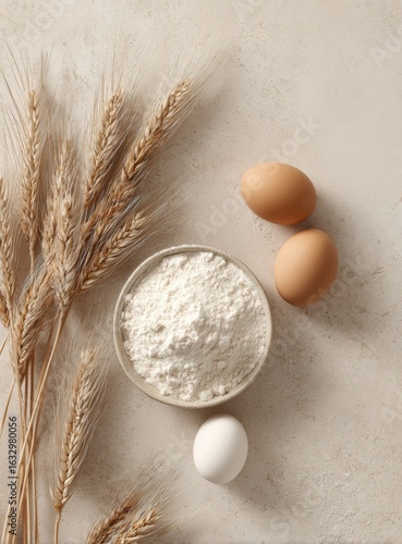 A rustic arrangement of wheat stalks, flour in a bowl, and fresh eggs, creating a simple, natural baking scene.