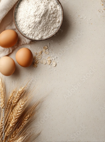 A rustic overhead shot showcases baking ingredients like flour, eggs, and wheat stalks, creating a warm and inviting culinary scene.