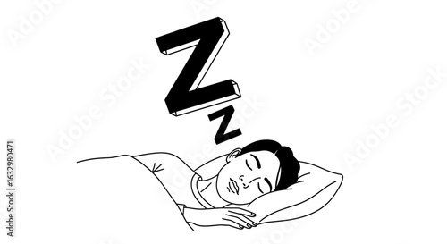 Woman sleeping soundly in bed illustration with snoring symbols