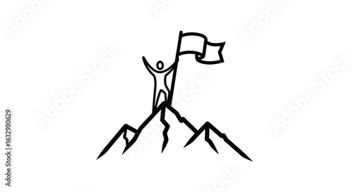 Line art illustration of mountain peak conquest and success