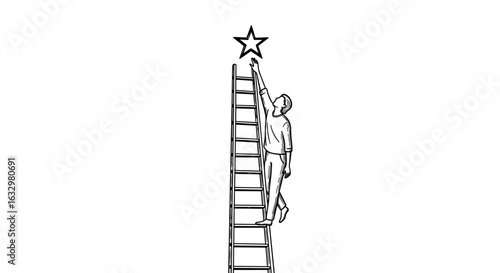 Reaching for Success: Man Ascends Ladder to Grab the Star