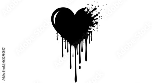 Abstract black heart design with dripping paint effect on white