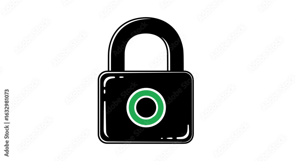 Black padlock with a green circle on a white background Black padlock with a green circle on a white background