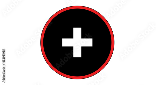 Simple black circle containing white plus sign and thin red outline.