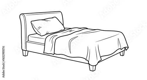 Line art illustration of a bed with pillows and blanket