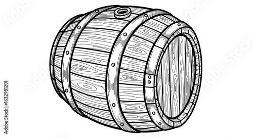 Wood barrel vintage engraving illustration for beverages and storage.