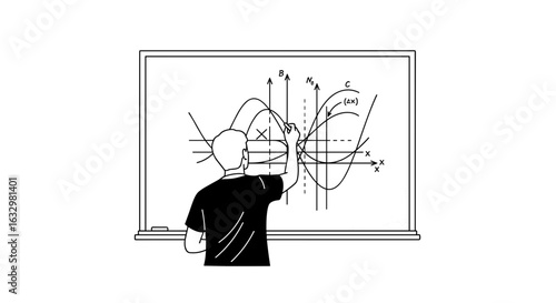 Abstract sketch of person explaining complex mathematical equation on whiteboard