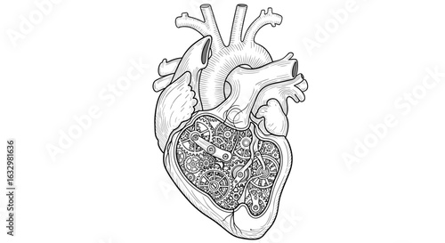 Anatomical heart illustration featuring mechanical gears and intricate clockwork elements.