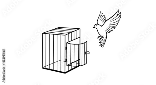 Bird Freedom: Dove Escaping from an Open Cage Illustration.