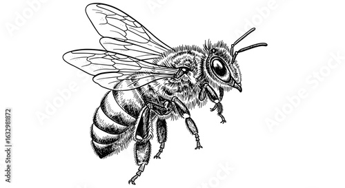 Honeybee in flight with detailed monochrome stippling illustration on white
