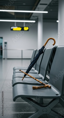 Empty seats, umbrella and walking stick