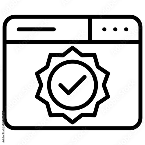 Certified Website Outline Icon Design Vector - Browser window with a certified badge and checkmark, indicating verified or secure online platform