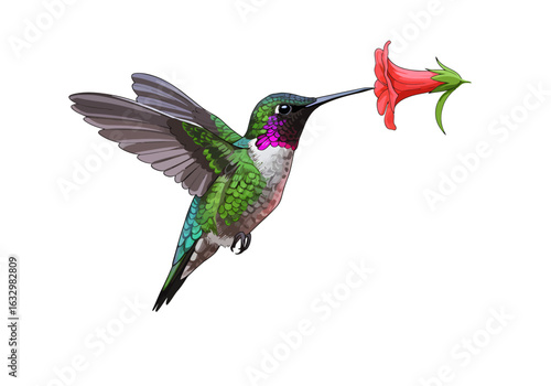 Vibrant Hummingbird in Flight, Feeding on a Flower