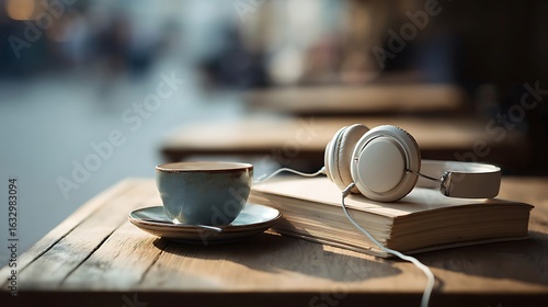 Coffee, Book, and Headphones on Table