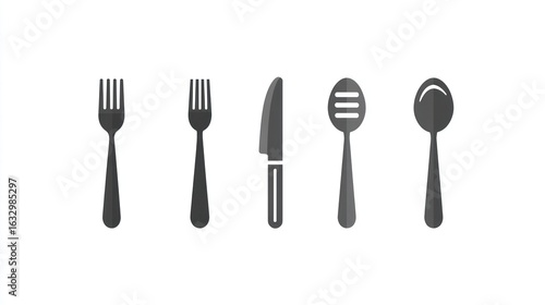 Utensils forks, knife, slotted spoon, & spoon displayed in a neat line on a white backdrop