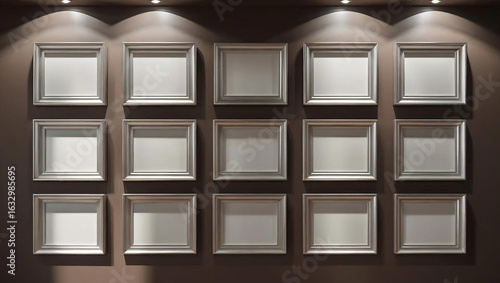A wall with multiple silver picture frames, perfect for displaying art or photos